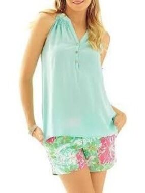 Lilly Pulitzer Bailey Silk Sleeveless Button Detail Turquoise Top XS